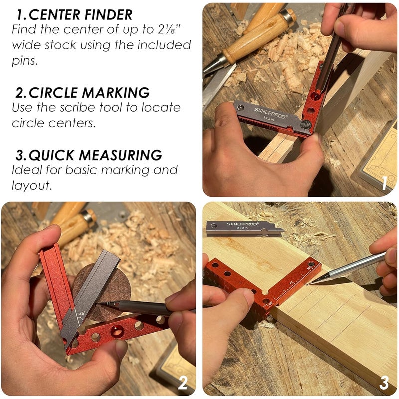 SUNLFPROD Mini Square Woodworking Center Finder 90 Degree Small Square Measuring Tool Woodworking Center Marking Tool Aluminum (Red-Gray) - Image 5